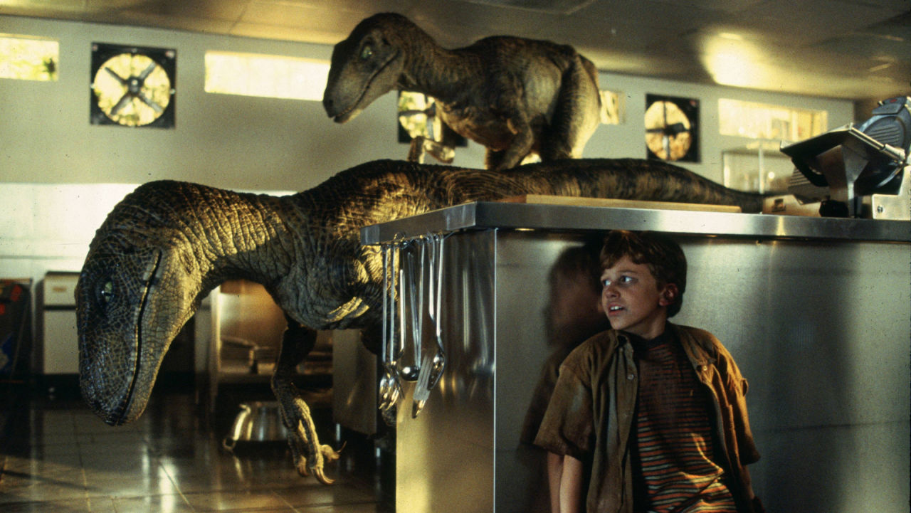 Screengrab from Jurassic Park kitchen velociraptor scene