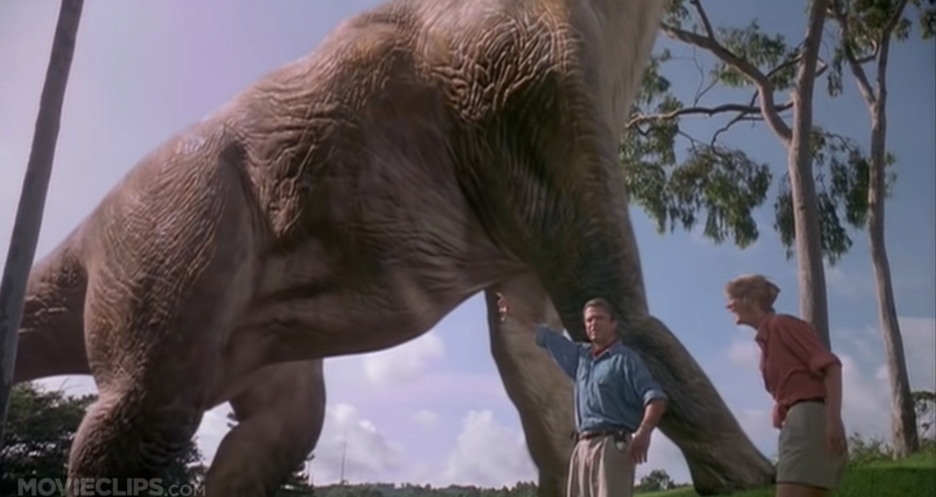 Screengrab from Jurassic Park first dinosaur scene