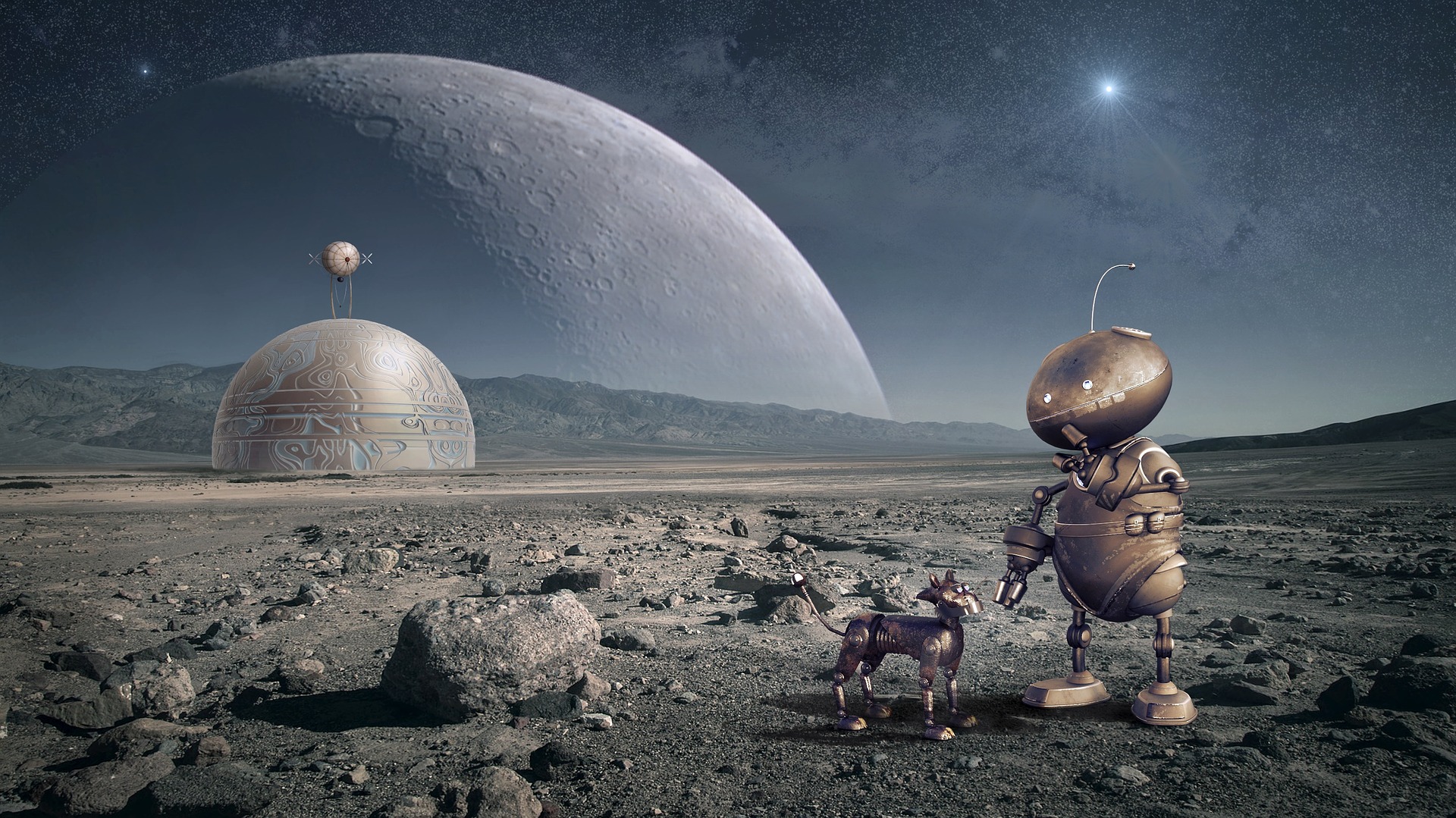 A cute robot and robot dog explore lunar terrain